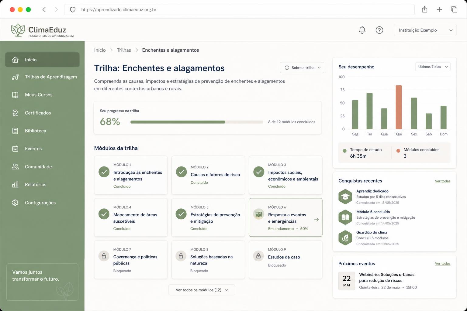 Plataforma ClimaEdu — ambiente white-label de capacitação climática