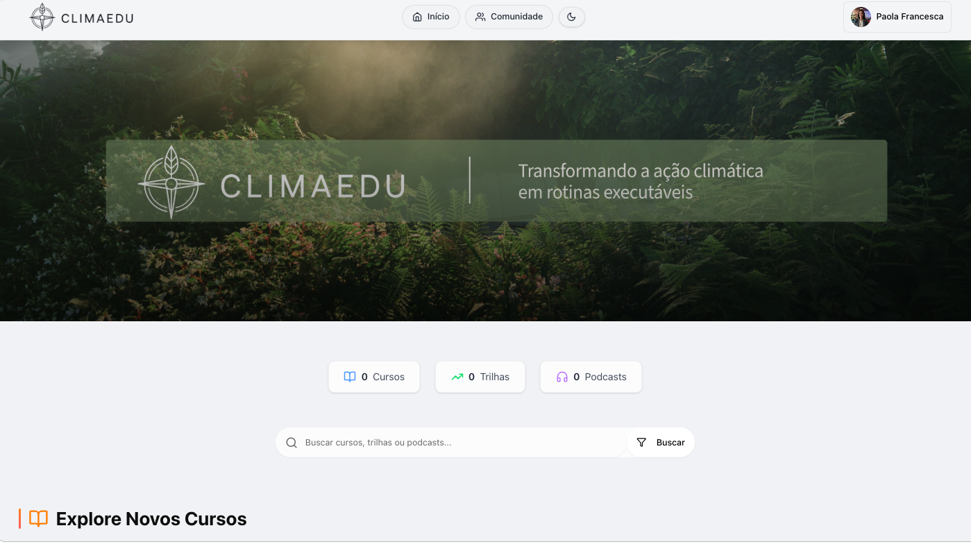 Tela da plataforma CLIMAEDU com jornadas e conteúdos de aprendizagem